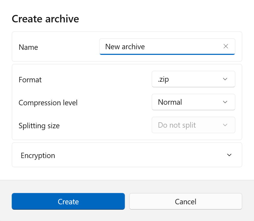 Create archive dialog.